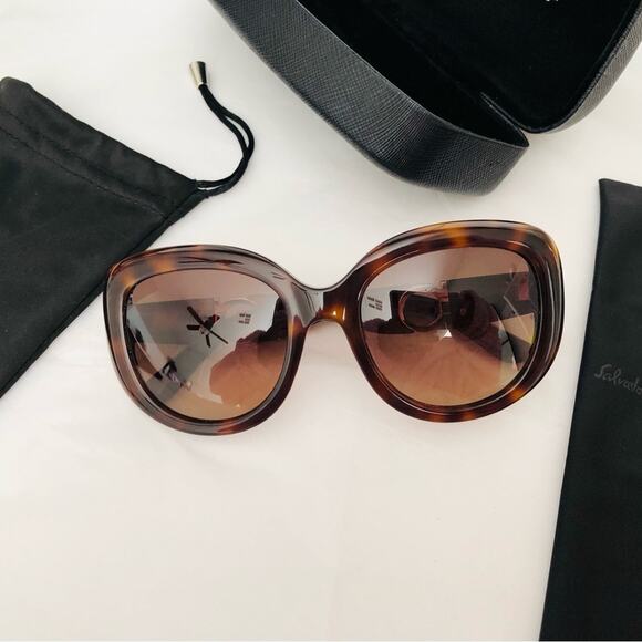 Salvatore Ferragamo Tortoise & Gold Sunglasses Case Dust Bag & Cloth Retail $475 main image 5